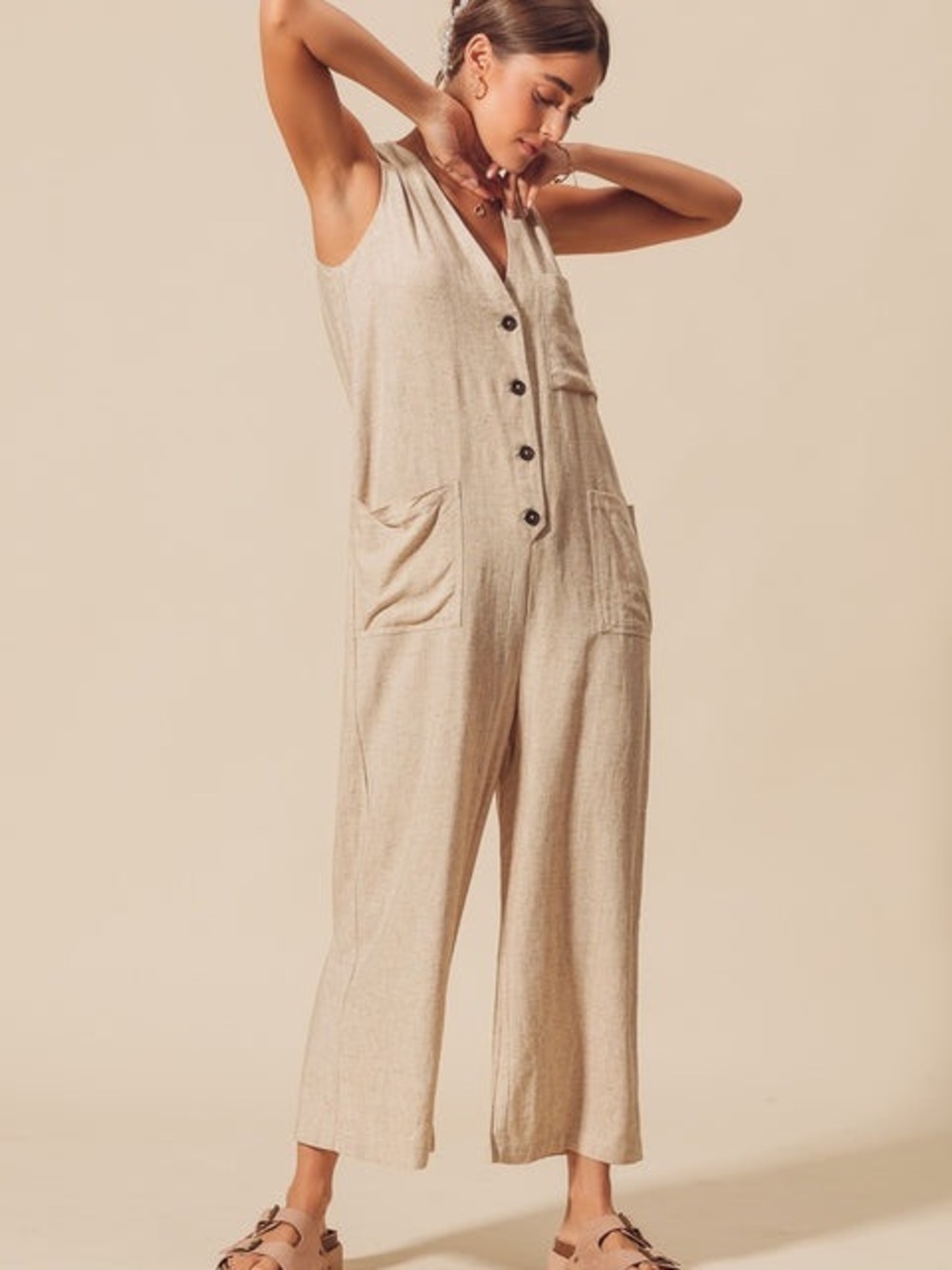 Monteau Beige Sleeveless Button-Front Jumpsuit